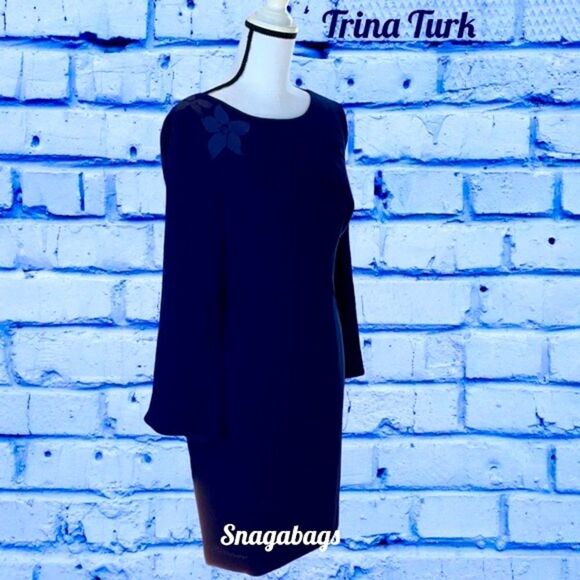 TRINA TURK NWT ENGAGING BELL SLEEVE MESH EMBROIDERY BACK SHEATH DRESS PURPLE 4 - Picture 6 of 12